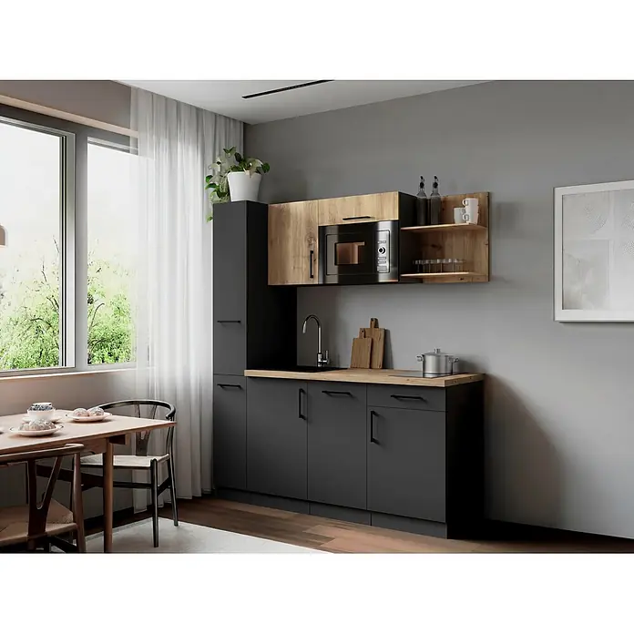 Respekta Oliver Singleküche - Breite: 175 cm, Grau/Holz, Höhe: 205 cm, Kochfeld | Geschirrspüler | Mikrowelle - Moderne Küche mit dunkelgrauen Mattschränken, heller Holztheke & Oberschränken, integrierten Geräten. In einem hellen Raum.