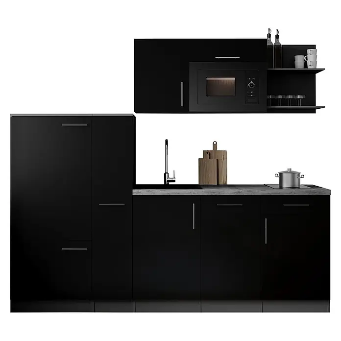 Respekta Oliver Küchenzeile - Breite: 235 cm, Schwarz, Mit Elektrogeräten, mit Mikrowelle - Moderne schwarze Küchenzeile mit integrierter Mikrowelle, Spüle, Kochfeld und diversen Küchenaccessoires.