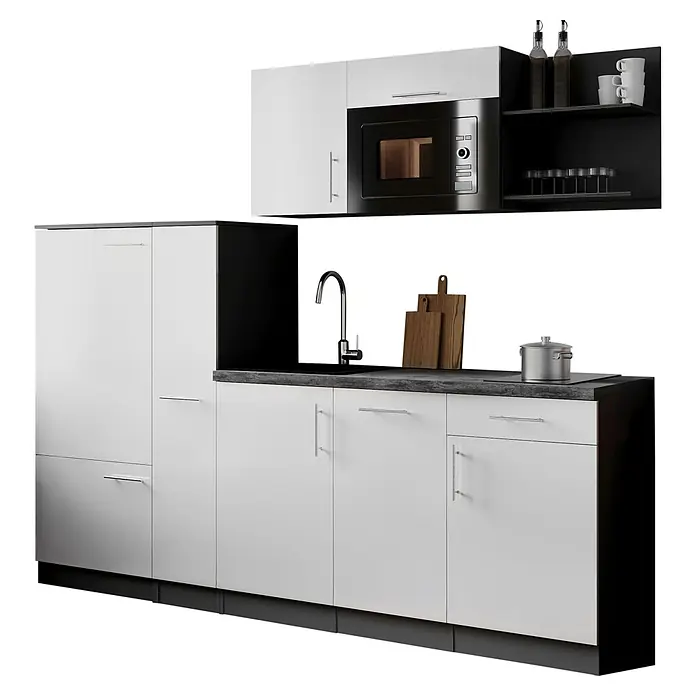 Respekta Oliver Küchenzeile - Breite: 235 cm, Weiß, Mit Elektrogeräten, mit Mikrowelle - Moderne Küche mit weißen und schwarzen Schränken, dunkelgrauer Arbeitsplatte, silbernen Griffen, Spüle, Mikrowelle und Kochfeld.