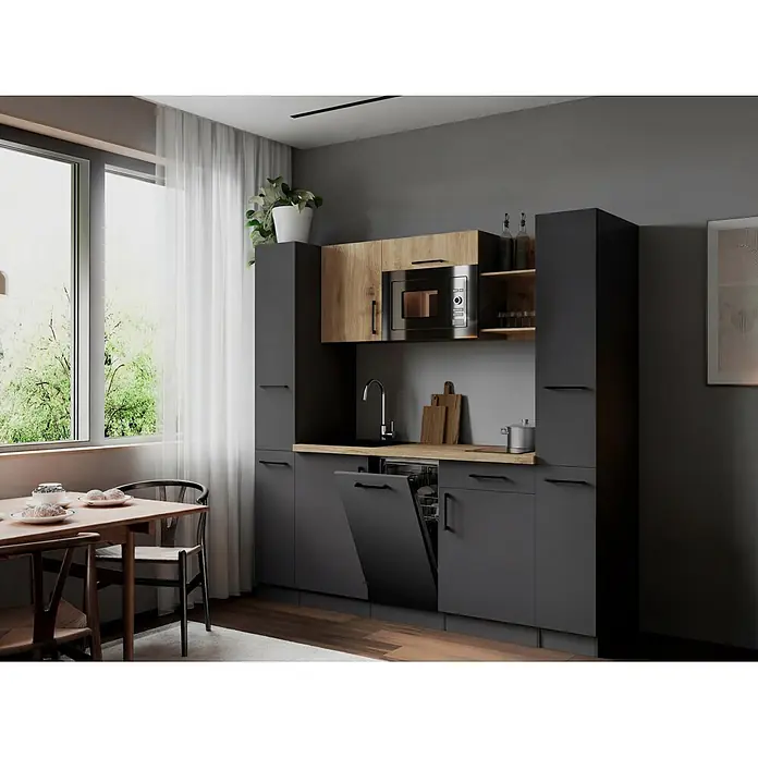 Respekta Oliver Singleküche - Breite: 205 cm, Grau/Holz, Geschirrspüler | Kochfeld | Mikrowelle - Moderne dunkelgraue Küche mit Holzarbeitsplatten, integriertem Geschirrspüler, Mikrowelle und Spüle, neben Essbereich.