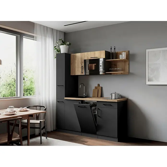 Respekta Oliver Singleküche - Breite: 175 cm, Grau/Holz, Höhe: 205 cm, Kochfeld | Geschirrspüler | Mikrowelle - Moderne Küche mit dunkelgrauen Schränken, Holz-Arbeitsplatten und offener Spülmaschine, neben einem Essbereich.