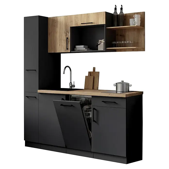 Respekta Oliver Singleküche - Breite: 175 cm, Grau/Holz, Höhe: 205 cm, Kochfeld | Geschirrspüler - Moderne Küche mit dunkelgrauen Schränken, Holzplatte, oberen Holzschränken, Spüle und offenem Geschirrspüler.