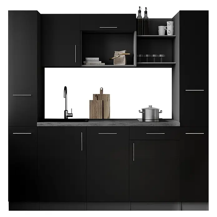 Respekta Oliver Singleküche - Breite: 205 cm, Schwarz, Geschirrspüler | Kochfeld - Moderne schwarze Küchenschrankkombination mit Spüle, dunkler Arbeitsplatte und Küchenaccessoires.