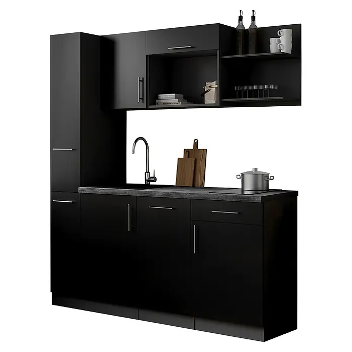 Respekta Oliver Singleküche - Breite: 175 cm, Schwarz, Höhe: 205 cm, Kochfeld | Geschirrspüler - Elegante schwarze Küchenschränke mit Spüle, Arbeitsplatte in Steinoptik und Küchenzubehör.