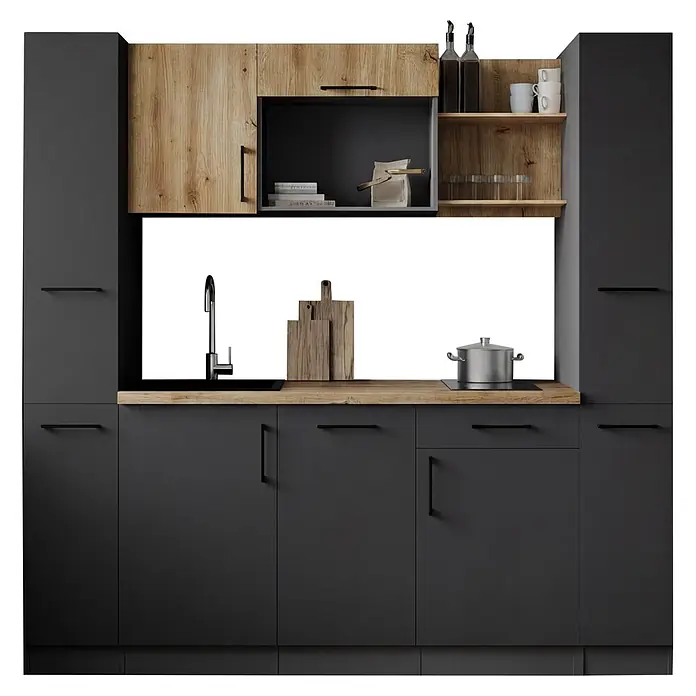Respekta Oliver Singleküche - Breite: 205 cm, Grau/Holz, Geschirrspüler | Kochfeld - Moderne dunkelgraue Küche mit hellen Holzfronten, Spüle, Kochfeld und Stauraum.