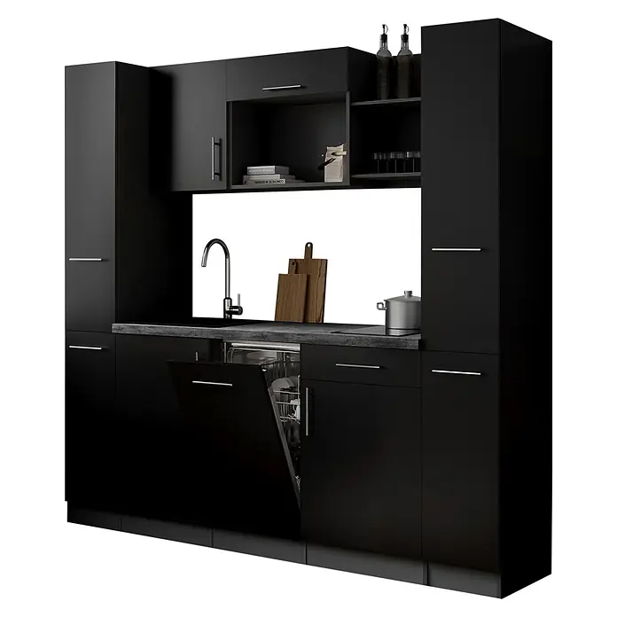 Respekta Oliver Singleküche - Breite: 205 cm, Schwarz, Geschirrspüler | Kochfeld - Moderne schwarze Küche mit grauer Arbeitsplatte, Spüle, Wasserhahn und geöffnetem Geschirrspüler, mit eleganten Schränken.