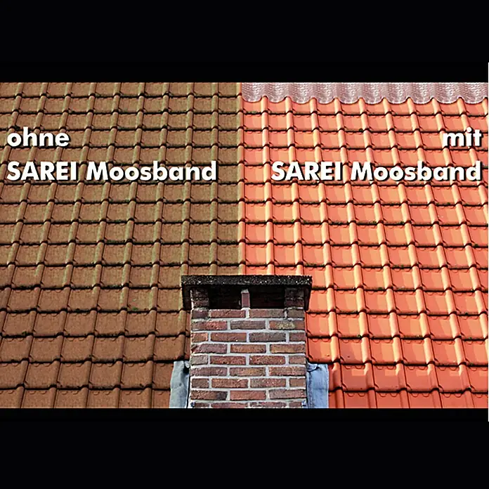 Sarei Moosband - 500 x 20 cm, Selbstklebend - SAREI Moosband: Vergleichsdarstellung des Dachzustands mit und ohne Moosband, zeigt die Wirksamkeit des Produkts bei der Moosentfernung.