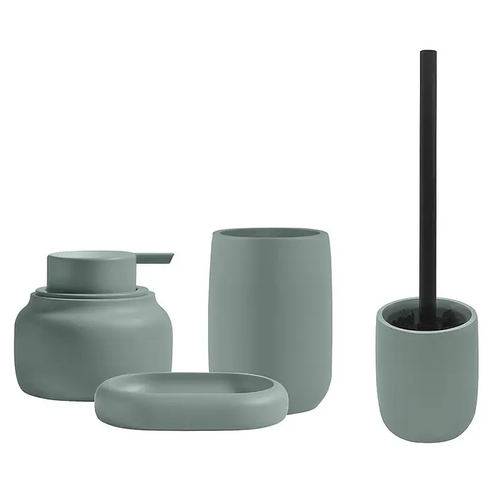 Spirella Escobillero de suelo Zac - Altura: 37,4 cm, Verde - Juego de baño de cerámica verde mate con dispensador de jabón, jabonera, vaso y escobilla de WC con soporte.