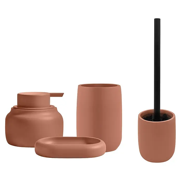 Escobillero de suelo - Altura: 37,4 cm, Terracota - Juego de accesorios de baño de cerámica marrón tierra: dispensador de jabón, jabonera, vaso y escobilla con soporte.