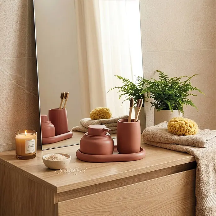 Spirella Portacepillos - Ø x Al: 8 cm x 10,5 mm, Terracota - Set de accesorios de baño de terracota con dispensador de jabón, portacepillos y bandeja sobre tocador de madera.