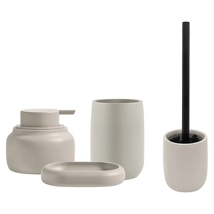 Spirella Escobillero de suelo - Altura: 37,4 cm, Gris - Juego de baño de cerámica gris claro mate: dispensador de jabón, jabonera, vaso y escobilla de inodoro con soporte.