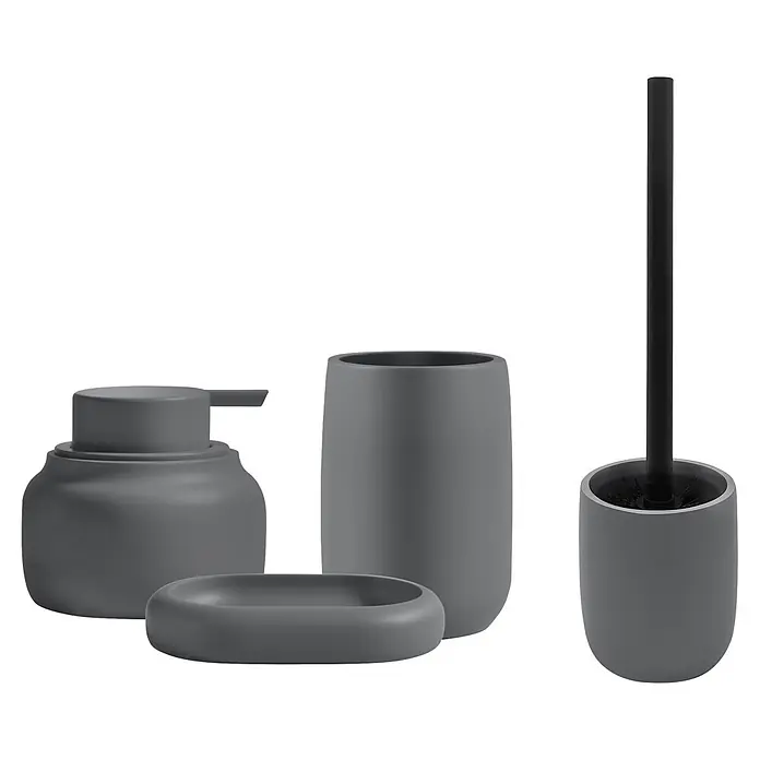 Spirella Escobillero de suelo - Altura: 37,4 cm, Gris carbón - Set de accesorios de baño grises: dispensador de jabón, jabonera, vaso y escobilla de inodoro con soporte.