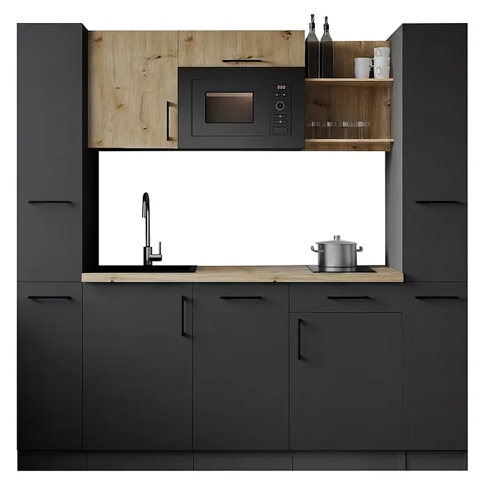 Respekta Oliver Singleküche - Breite: 205 cm, Grau/Holz, Geschirrspüler | Kochfeld | Mikrowelle - Moderne Küche in Dunkelgrau und Holzoptik mit schwarzer Mikrowelle, Spüle, Wasserhahn und Kochfeld.