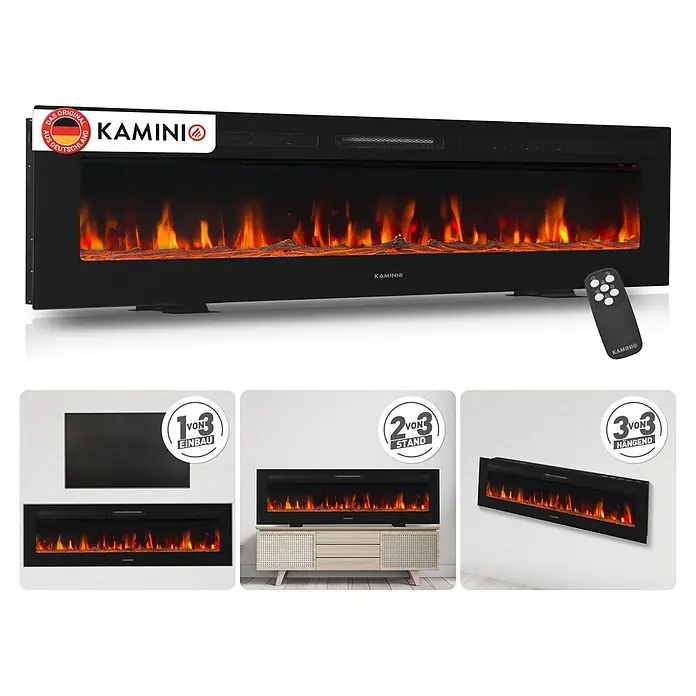 Elektrischer Kamin KAMINIO Marlon 70 - 11,9 x 177,8 x 46,6 cm, Schwarz - Schwarzer Elektrokamin mit realistischen Flammen und Fernbedienung, gezeigt als Einbau-, Stand- und Wandgerät.
