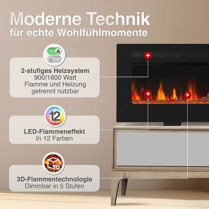 Elektrischer Kamin KAMINIO Marlon 70 - 11,9 x 177,8 x 46,6 cm, Schwarz - Schwarzer Elektrokamin mit realistischen, einstellbaren LED-Flammeneffekten (12 Farben, 5 Dimmstufen) und einem 2-stufigen Heizsystem (900/1800W), separat nutzbar.