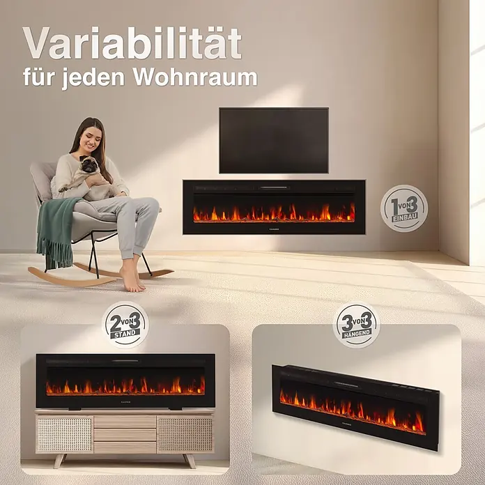 Elektrischer Kamin KAMINIO Marlon 70 - 11,9 x 177,8 x 46,6 cm, Schwarz - Schwarzer Elektrokamin mit realistischen Flammen, gezeigt in drei vielseitigen Installationsoptionen: eingebaut, freistehend und wandmontiert.