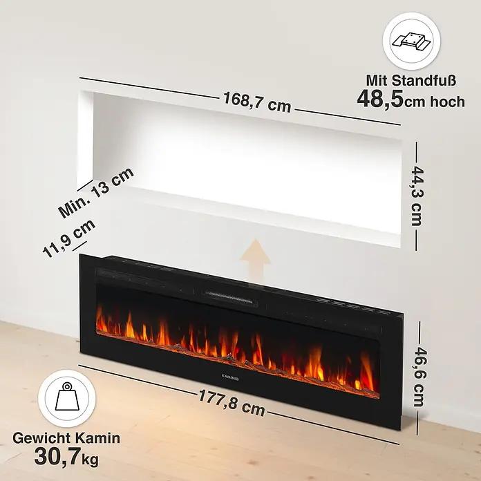 Elektrischer Kamin KAMINIO Marlon 70 - 11,9 x 177,8 x 46,6 cm, Schwarz - Schwarzer Elektrokamin mit realistischem Flammeneffekt, Abmessungen 177,8x46,6 cm, Einbaunische 168,7x44,3x13 cm min, 30,7 kg. Mit Standfuß: 48,5 cm hoch.