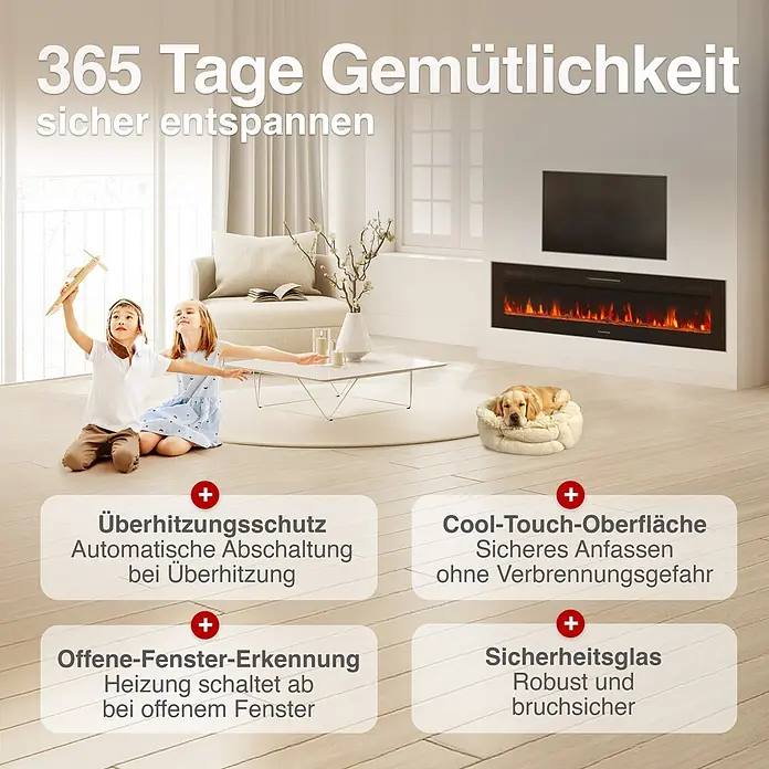 Elektrischer Kamin KAMINIO Marlon 70 - 11,9 x 177,8 x 46,6 cm, Schwarz - Elektrischer Kamin in einem Wohnzimmer mit Kindern und Hund, der Berührungsschutz und Überhitzungsschutz-Sicherheitsmerkmale hervorhebt.