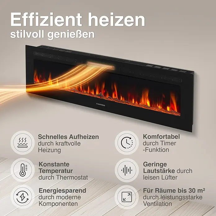 Elektrischer Kamin KAMINIO Marlon 70 - 11,9 x 177,8 x 46,6 cm, Schwarz - Ein schlanker, schwarzer Elektrokamin mit realistischen Flammen und aktivem Heizelement, für effizientes Heizen und stilvolles Ambiente.