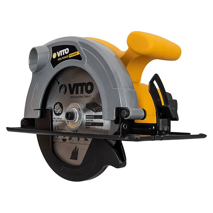 Vito Sierra circular de mano VISC12185A - 1.200 W, Diámetro hoja de sierra: 185 mm - Sierra circular VITO amarilla y gris con hoja plateada, modelo SC1200W, para carpintería profesional.