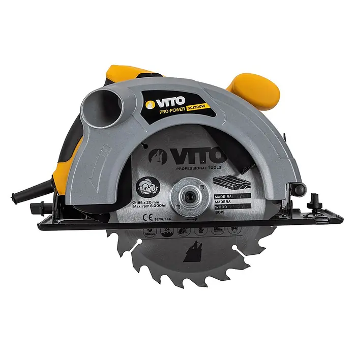 Vito Sierra circular de mano VISC12185A - 1.200 W, Diámetro hoja de sierra: 185 mm - Sierra circular VITO PRO-POWER SC1200W con carcasa gris y amarilla, hoja plateada para cortar madera.