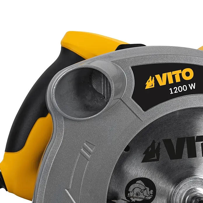 Vito Sierra circular de mano VISC12185A - 1.200 W, Diámetro hoja de sierra: 185 mm - Primer plano de una sierra circular gris y amarilla con mango negro, con el logotipo "VITO 1200 W" en su carcasa y hoja.
