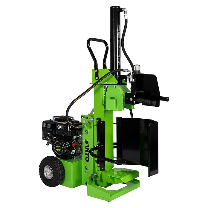 Vito Juego de máquinas VIRLG12M + VIMS37 - 2 pzs., Cortatroncos + motosierra - Una astilladora de leña verde y negra con motor de gasolina y ruedas, para partir madera.
