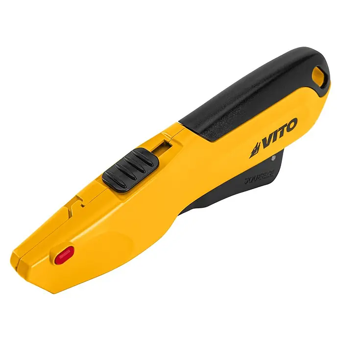 Vito Cúter de seguridad VIFSG - Anchura de hoja: 19 cm - Cúter de seguridad VITO amarillo y negro con botón deslizante negro y botón rojo en la punta.