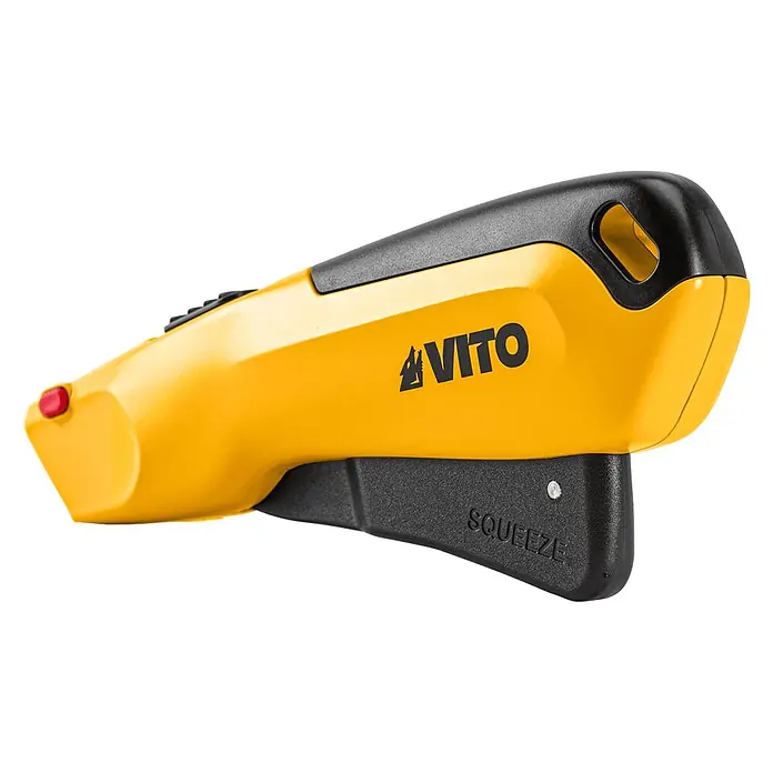 Vito Cúter de seguridad VIFSG - Anchura de hoja: 19 cm - Herramienta manual amarilla y negra con marca "VITO" y botón rojo, para operación de apriete.