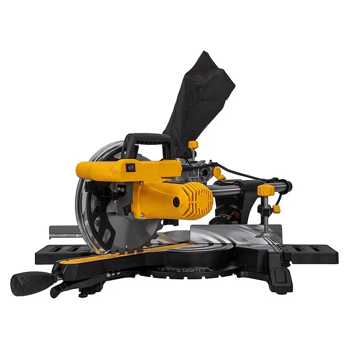 Vito Sierra ingletadora telescópica VISCME210 - 1.500 W, Diámetro hoja de sierra: 210 mm - Sierra ingletadora amarilla y negra con hoja circular y bolsa recolectora de polvo, lista para cortes de precisión.