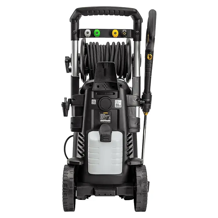 Vito Armario multiusos metálico Combo + hidrolimpiadora WR4 - 2 pzs. - Hidrolimpiadora negra y plateada con carrete de manguera, depósito de detergente, boquillas de colores, asa superior y soporte para pistola.