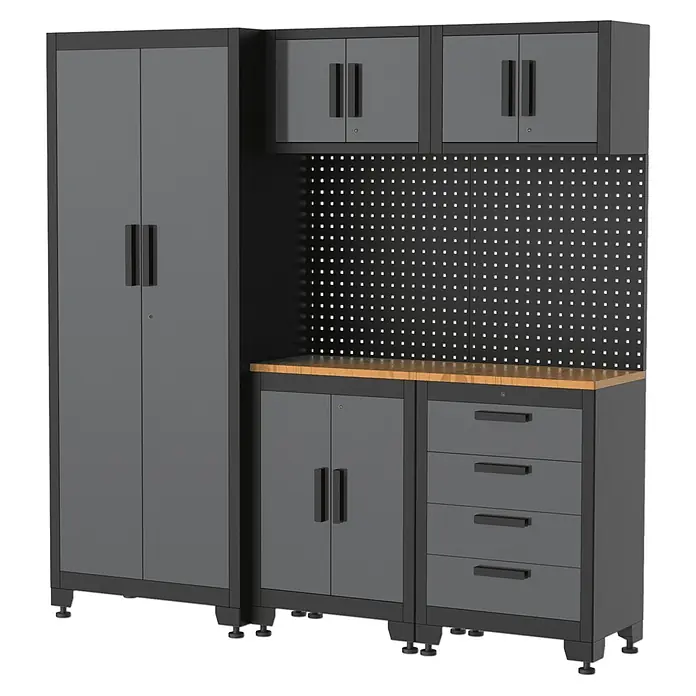 Vito Armario multiusos metálico Combo + hidrolimpiadora WR4 - 2 pzs. - Sistema de almacenamiento de garaje de metal gris con armarios, cajones, panel perforado y encimera de madera.