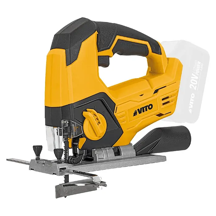 Vito Juego de máquinas VIBCSC - 2 baterías, 2 Ah - 4 Ah, 6 pzs. - Sierra de calar eléctrica amarilla y negra con mango ergonómico y hoja de corte visible, para cortes precisos.