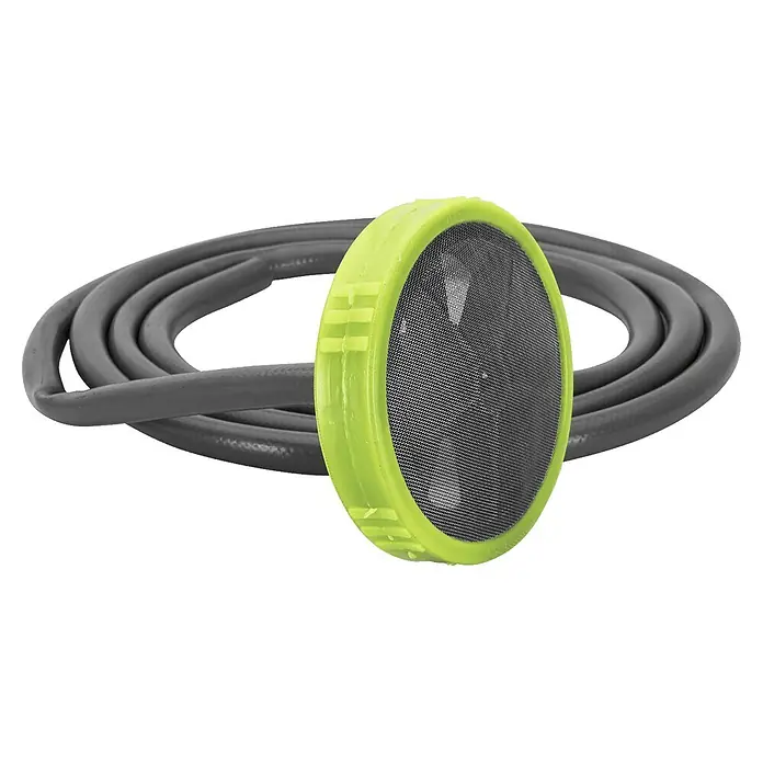 Vito Hidrolimpiadora de alta presión VIML70 - 250 bar, 2.500 W, Capacidad de bombeo: 11,8 l/min, Motor 4T de 207 CC - Una manguera enrollada gris oscuro con un cabezal rociador redondo verde neón y una rejilla de malla negra.