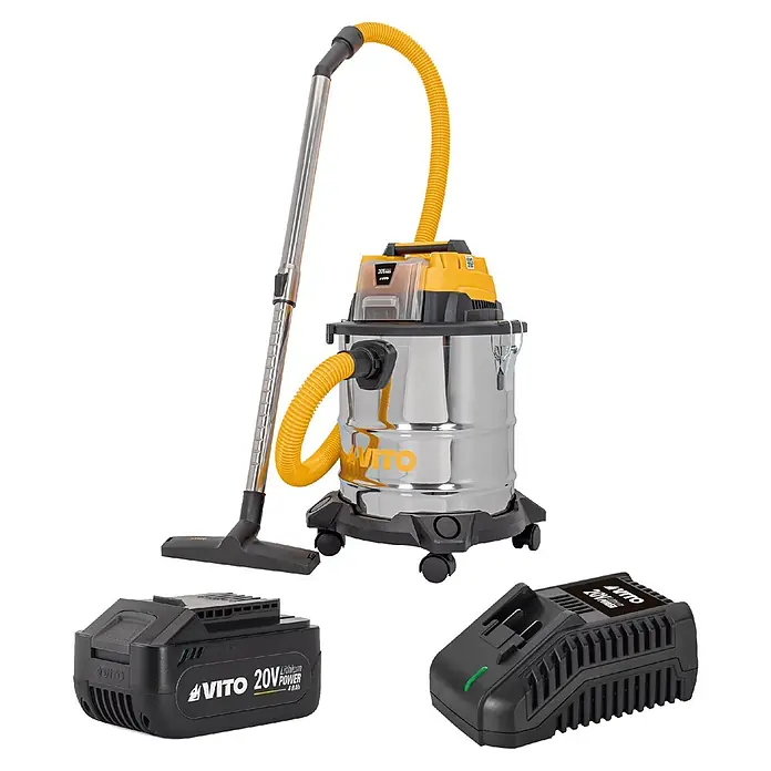 Vito Aspirador en seco y húmedo de batería VIBCASL - 20 V, 1 batería, 4 Ah, Volumen de recipiente: 20 l - Aspiradora inalámbrica VITO para seco/húmedo con tanque plateado, detalles amarillos y accesorios negros, incluyendo batería y cargador.