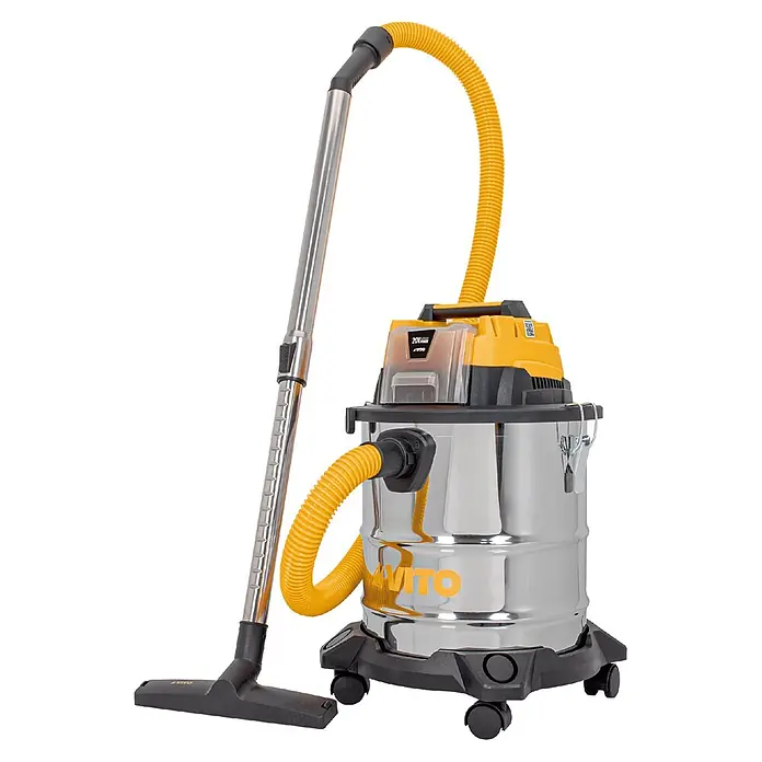 Vito Aspirador en seco y húmedo de batería VIBCASL - 20 V, 1 batería, 4 Ah, Volumen de recipiente: 20 l - Aspiradora en seco y húmedo amarilla y plateada con manguera flexible, depósito metálico y base con ruedas.