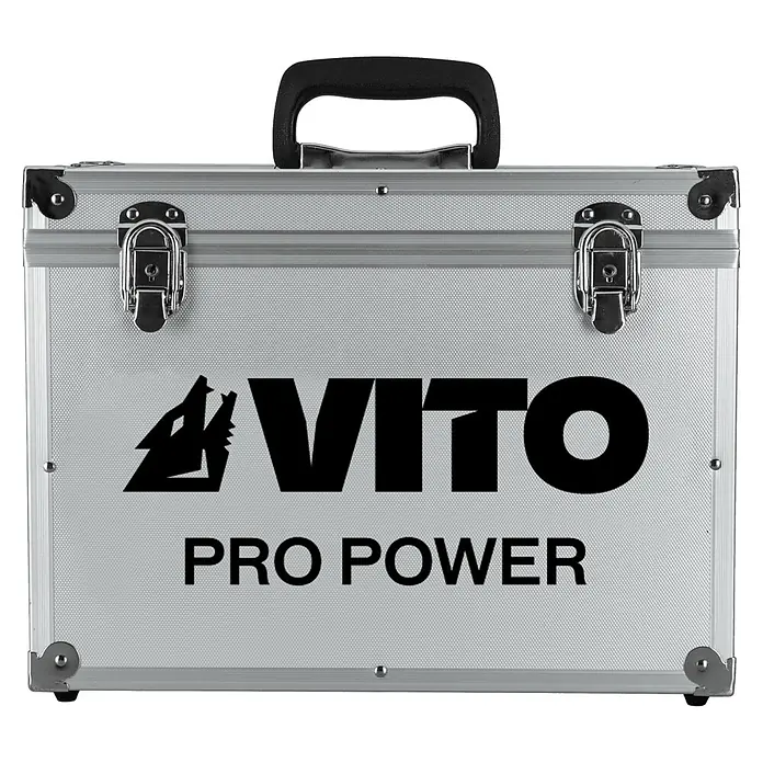 Vito Equipo de soldadura VII170 - Corriente de soldadura: 20 A - 170 A - Maleta de herramientas de aluminio plateado con asa y cierres negros, con el logo "VITO PRO POWER".
