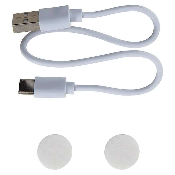 Vito Ventosa VIV200VP - Diámetro: 200 mm, Carga soportada: 200 kg - Cable de carga USB-A a USB-C blanco enrollado con dos pequeñas almohadillas circulares blancas.