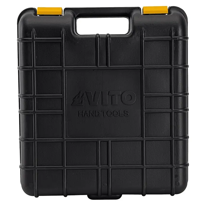 Vito Ventosa VIV200VP - Diámetro: 200 mm, Carga soportada: 200 kg - Maletín de herramientas de plástico negro con asa superior, cierres amarillos y logotipo "VITO HAND TOOLS" en relieve.