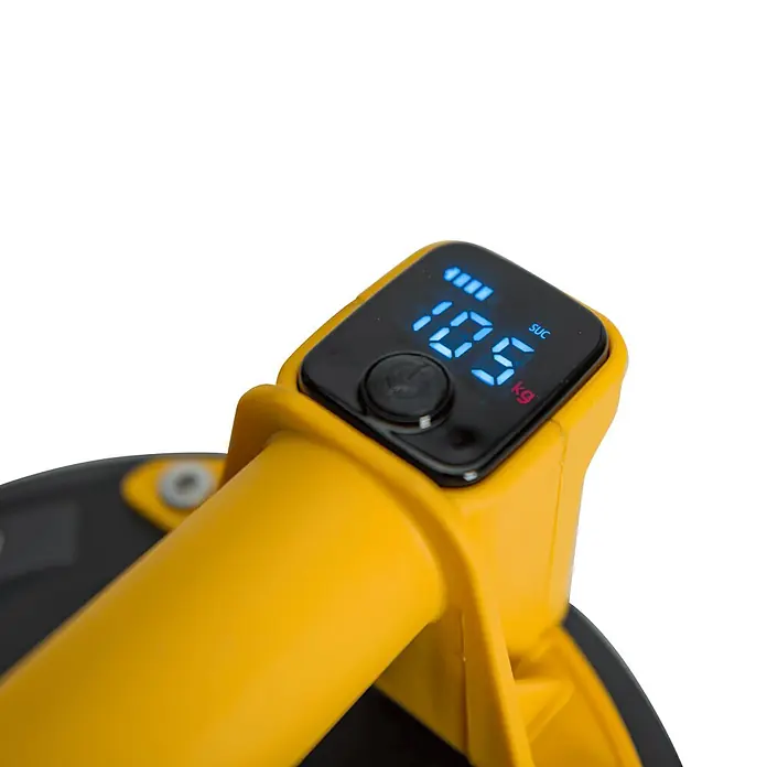 Vito Ventosa VIV200VP - Diámetro: 200 mm, Carga soportada: 200 kg - Mango amarillo de un dispositivo con pantalla digital que muestra '105 kg' y el nivel de batería.