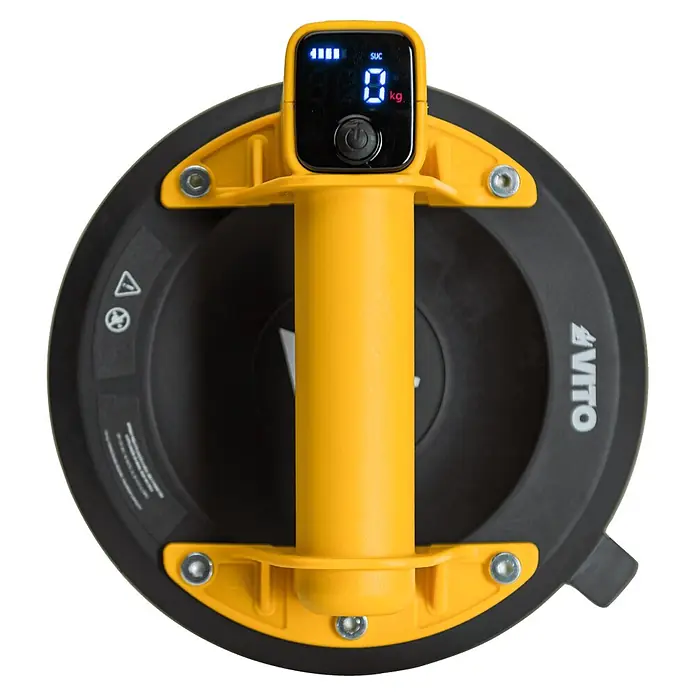 Vito Ventosa VIV200VP - Diámetro: 200 mm, Carga soportada: 200 kg - Ventosa redonda negra con mango amarillo y pantalla digital que muestra 0 kg.