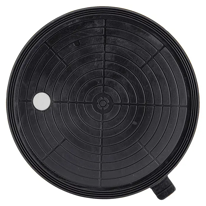 Vito Ventosa VIV200VP - Diámetro: 200 mm, Carga soportada: 200 kg - Filtro de carbón redondo negro con ranuras concéntricas, un punto blanco y una pestaña lateral para campana extractora.
