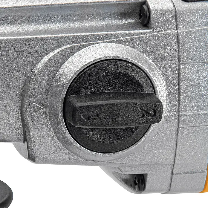 Vito Taladro percutor VIBE1050A - 1.050 W, Número máx. de impactos: 44.800 /min - Primer plano del selector de modo negro de una herramienta eléctrica con ajustes 1 y 2, sobre un cuerpo plateado-gris texturizado.