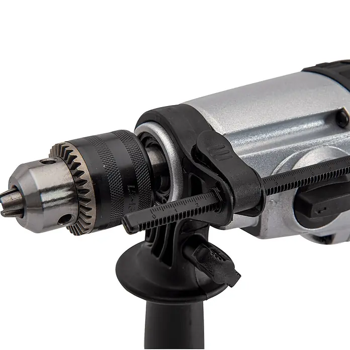 Vito Taladro percutor VIBE1050A - 1.050 W, Número máx. de impactos: 44.800 /min - Taladro eléctrico plateado y negro con portabrocas metálico, medidor de profundidad ajustable y empuñadura auxiliar.