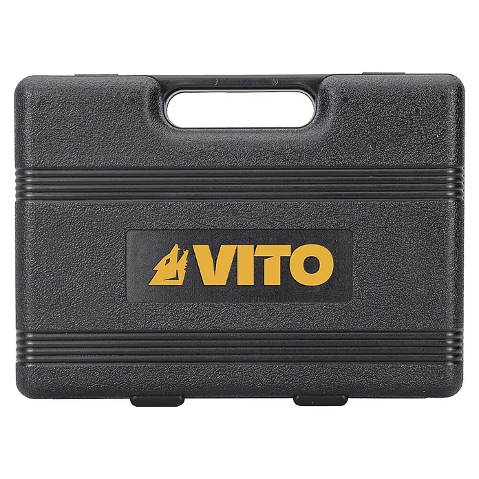 Vito Set de llaves de vaso VIJR21 - 21 pzs., Tamaño de accionamiento: ½″ - Caja de herramientas de plástico negro con el logo amarillo "VITO" y un emblema de cabeza de lobo.