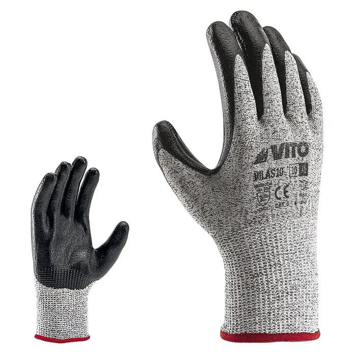 Vito Guantes de trabajo VILAS10 - Talla del guante: 9, Gris, Material compuesto - Par de guantes de seguridad grises de punto con palmas/dedos negros texturizados y ribete de puño rojo.