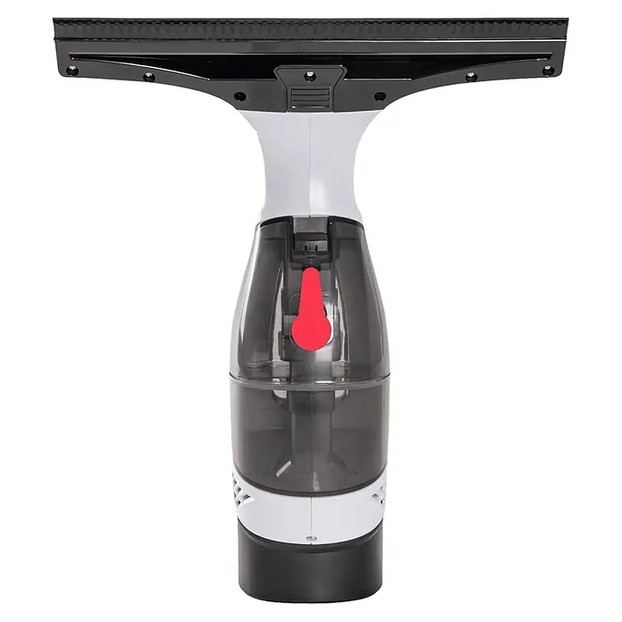 Limpiadora de cristales de batería ITMLV - 3,7 V, Volumen de recipiente: 150 ml - Limpiacristales manual con cabezal negro, cuerpo blanco y depósito transparente gris oscuro con botón rojo.