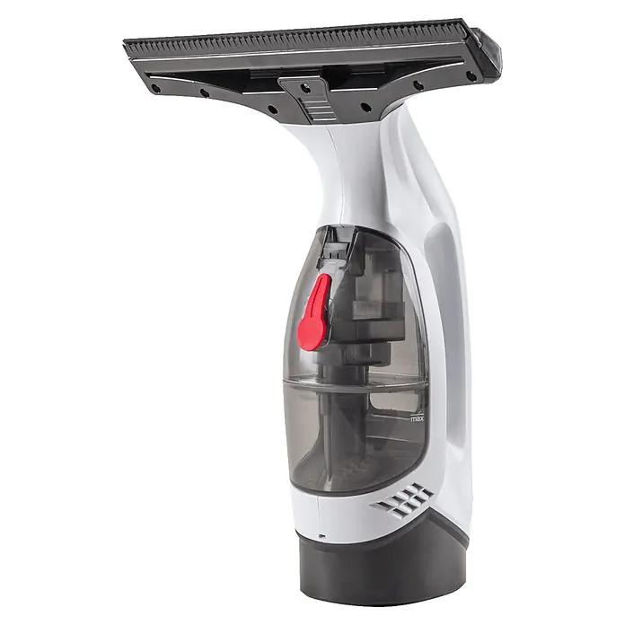 Limpiadora de cristales de batería ITMLV - 3,7 V, Volumen de recipiente: 150 ml - Limpiacristales de mano blanco y negro con depósito transparente y botón rojo.