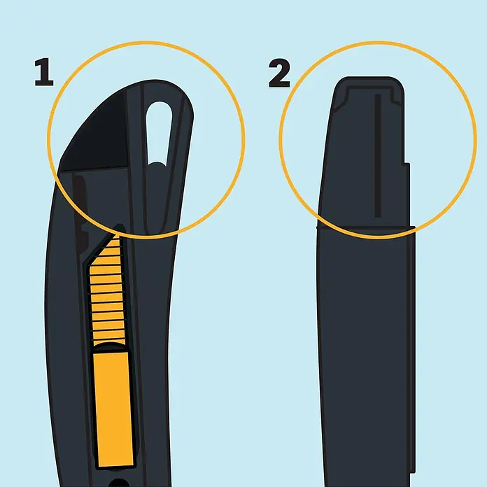 Vito Cúter de seguridad VIX18AA - Anchura de hoja: 18 cm - Cúter negro con hoja segmentada retráctil naranja, mostrado en vista lateral y superior.