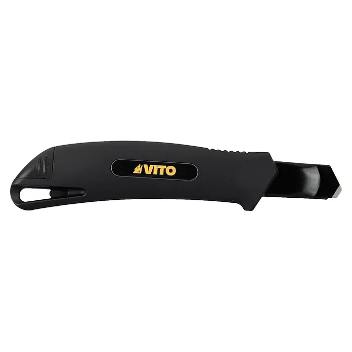 Vito Cúter de seguridad VIX18AA - Anchura de hoja: 18 cm - Cúter VITO negro con mango ergonómico y punta de hoja visible.
